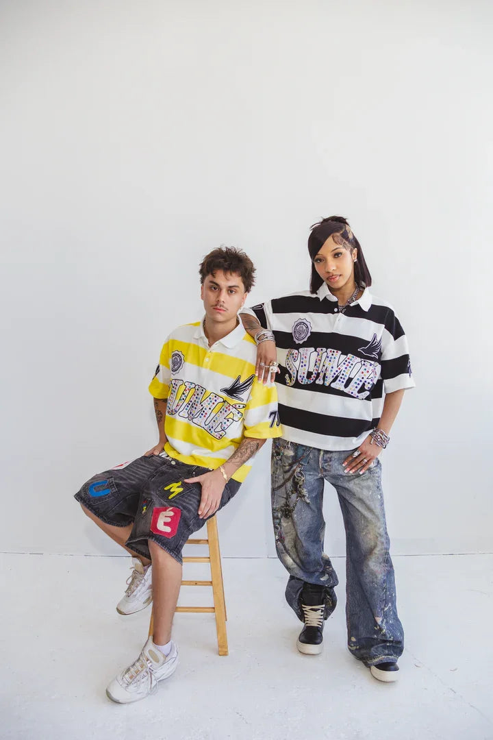 Sume Summer Women Hip Hop Klein Stone Embroidery Stripe Polo Shirt Y2k Retro Fashion Classic Lapel Neck Shirt Long Sleeved Tops