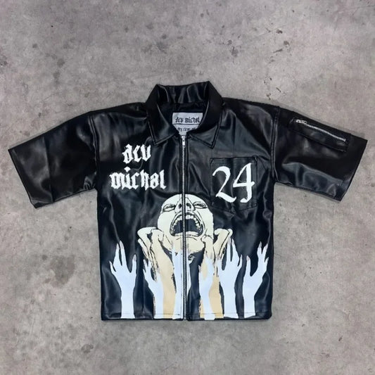 American Fashion Trend Goth Print Spot Zipper Polo Shirts Men Y2K New Street Hip Hop Retro Short Sleeved Couples Selling T-shirt