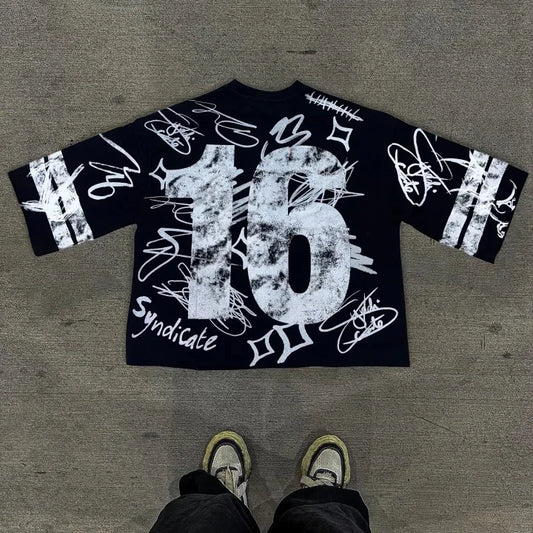 Graffiti No.16 Printed Three-quarter Sleeve Cotton T-Shirt Men Y2K Short Sleeves Vintage Oversize Tshirt Streetwear Women Tops