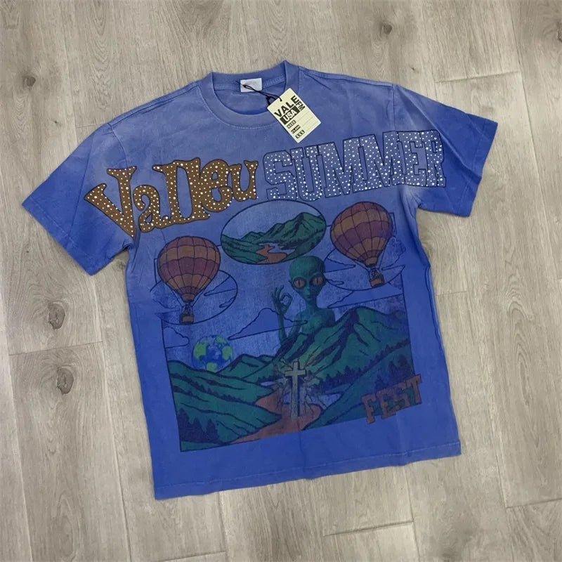 Vintage VALLEY Hot Drill Letter Short Sleeve Pure Cotton Vale Mens T-Shirts