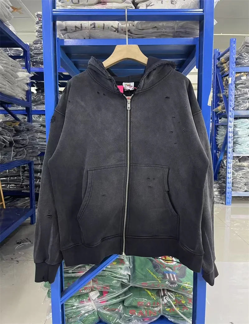 Black Washed SAINT Mxxxxxx Zipper Jackets Men Women Destroy Hole Oversized Vintage Hoodies