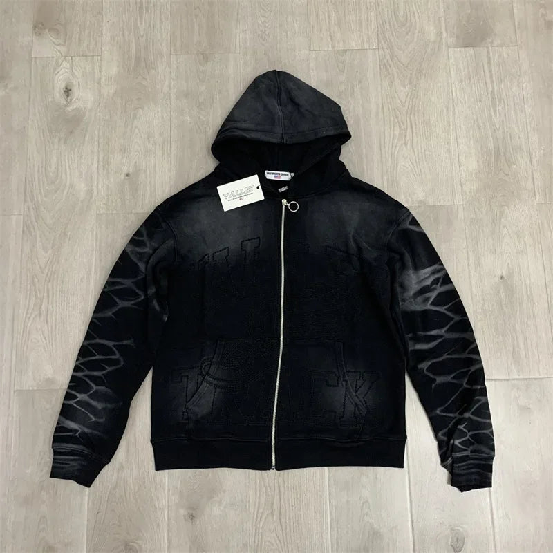 Red Washed VALLEY Oversized Hoodies Men Women American Pure Cotton Vale Embroidered Logo Zip Jackets