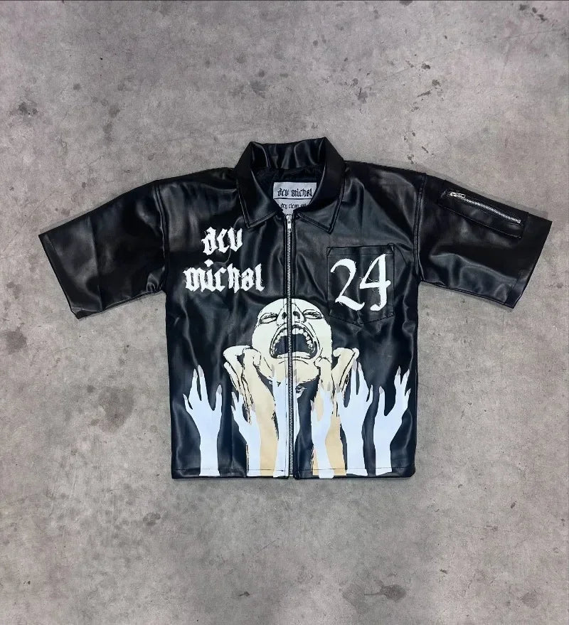 American Fashion Trend Goth Print Spot Zipper Polo Shirts Men Y2K New Street Hip Hop Retro Short Sleeved Couples Selling T-shirt