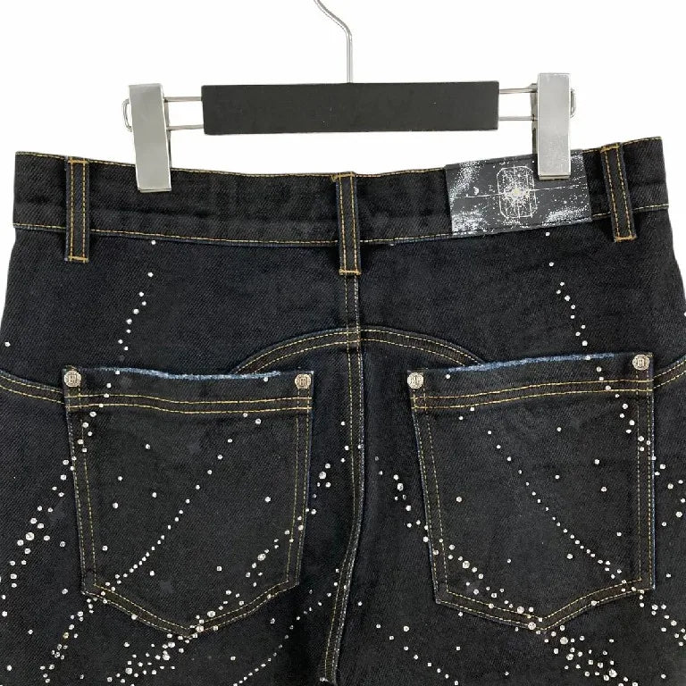 American Style Starry Rhinestone Denim Shorts Y2K Clothes Mens Womens Sequin Washed Black Baggy Shorts Casual Over The Knee Pant