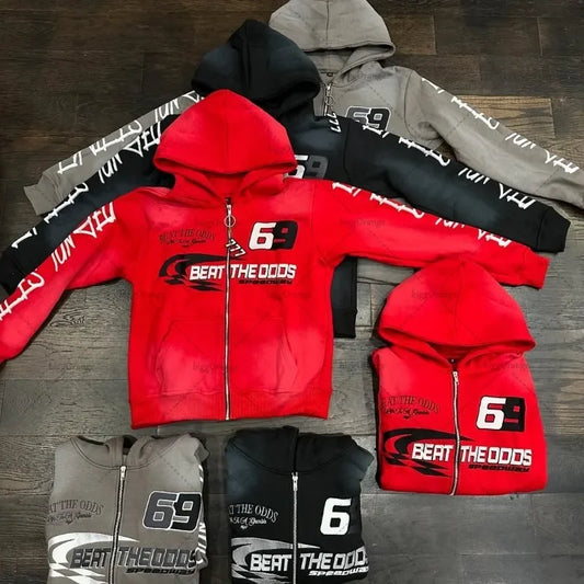 Harajuku Colorful Zipper Hoodie Punk Retro Letter Print Casual Oversized Sweatshirt Couple Hip-hop Trendy Streetwear Jacket Men