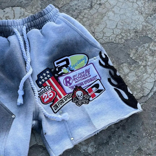 American Style Old Creative Pattern Area Inkjet Seam Pattern Baseball Elements Gray Shorts Men‘s Casual Sports Fashion Y2K Pants