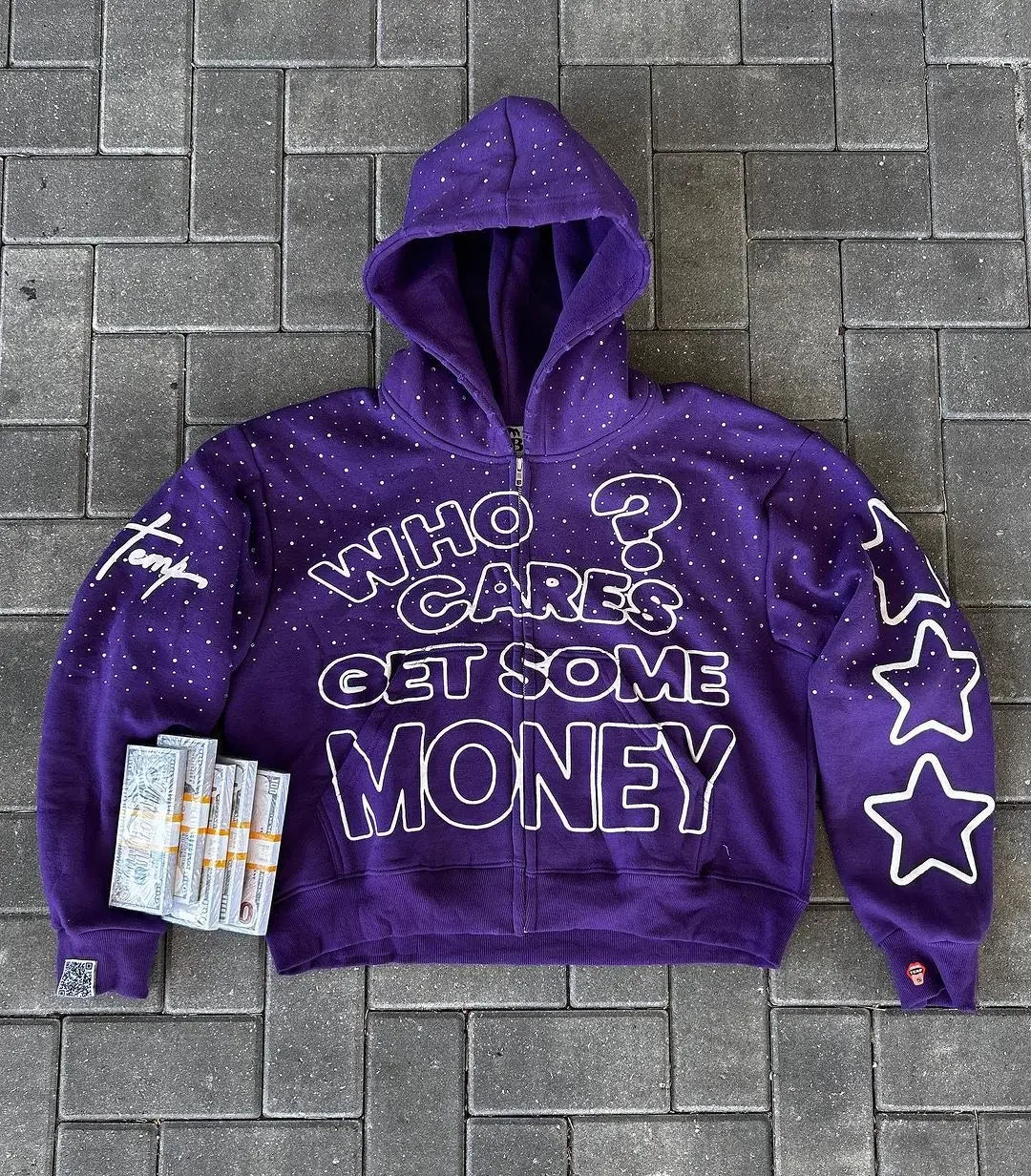 2024 American New Trend Who Cares Get Some Money Printed Zipper Sweater Men's and Women's Y2K Harajuku Hip Hop Goth Casual Coat