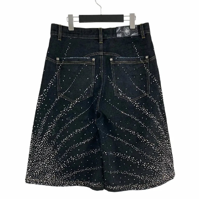 American Style Starry Rhinestone Denim Shorts Y2K Clothes Mens Womens Sequin Washed Black Baggy Shorts Casual Over The Knee Pant