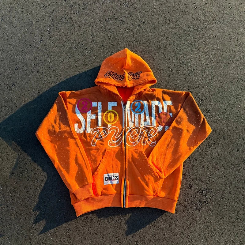 Harajuku Letter Printing Casual Fashion Oversized Zip Up Hooded Sweatshirts Trend Men Women Versatile High Quality Streetwear