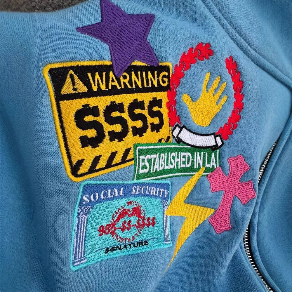 Harajuku hip-hop high street embroidered zipper hoodie men and women's same Y2k 2025 autumn new jacket American retro punk stree