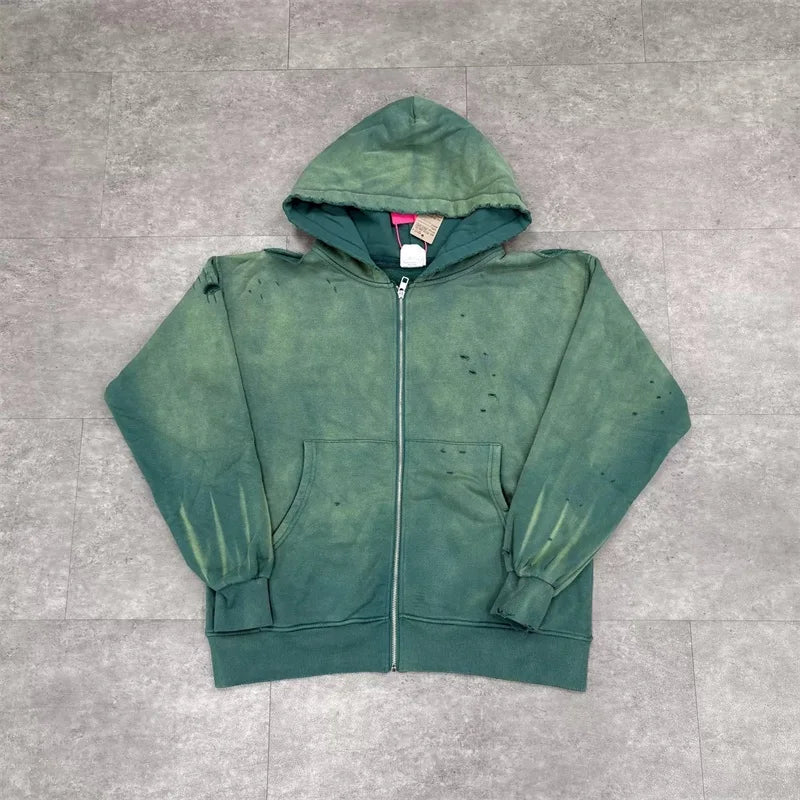 Black Washed SAINT Mxxxxxx Zipper Jackets Men Women Destroy Hole Oversized Vintage Hoodies