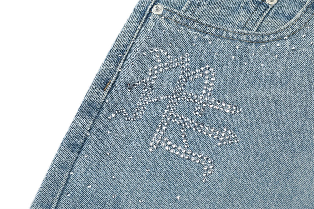 Flash Diamond Bing MIXED EMOTION Vintage Washed Denim Shorts Men Women Rhinestone Jean Breeches