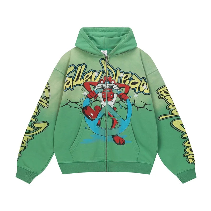 Washed Green VALLEY Sweatshirts Men Women Retro Cartoon Print Vale Hoodies Zip Up Cardigan Jackets