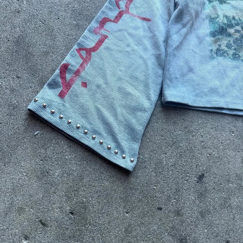 New Fashion Trend Oversized Camper Graphic Printed Rhinestone Sleeve Button T-shirt Y2k Gothic Men Women Hip Hop Streetwear Tops