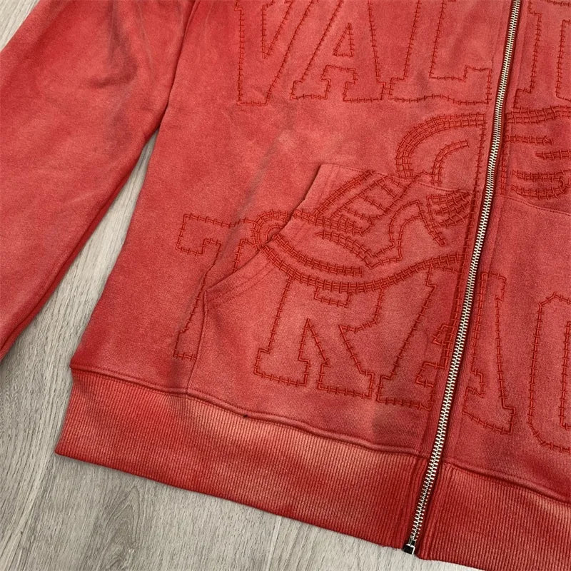 Red Washed VALLEY Oversized Hoodies Men Women American Pure Cotton Vale Embroidered Logo Zip Jackets