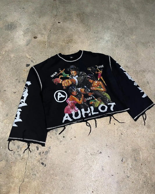 American trendy high street cartoon pattern printed loose breasted long sleeve T-shirt Y2K Harajuku hip-hop gothic streetwear