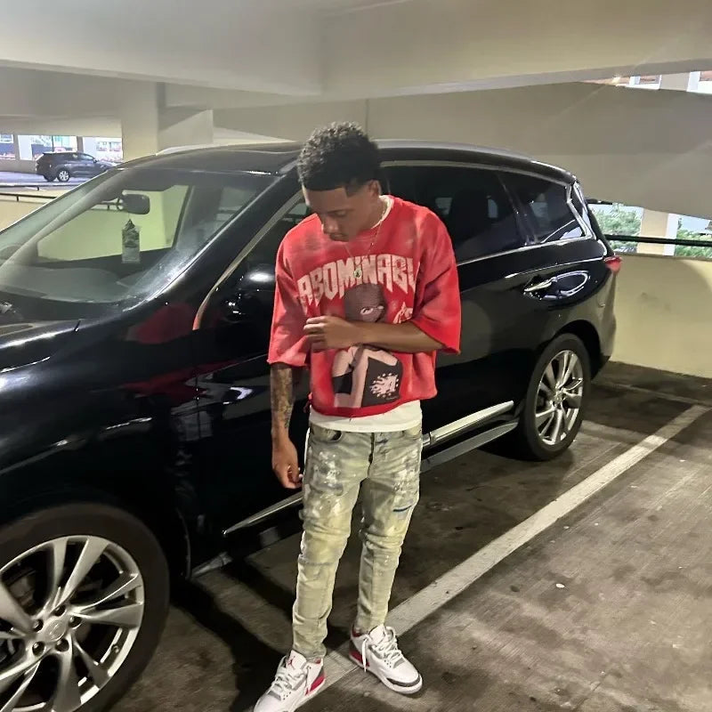 Y2K New Trend American Hip-hop Punk Portrait Graphic Print Super Green T-shirt Men's and Women's T-neck Cotton Short Shirt