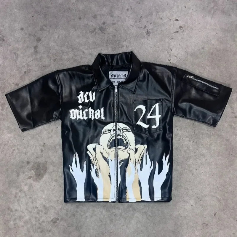 American Fashion Trend Goth Print Spot Zipper Polo Shirts Men Y2K New Street Hip Hop Retro Short Sleeved Couples Selling T-shirt