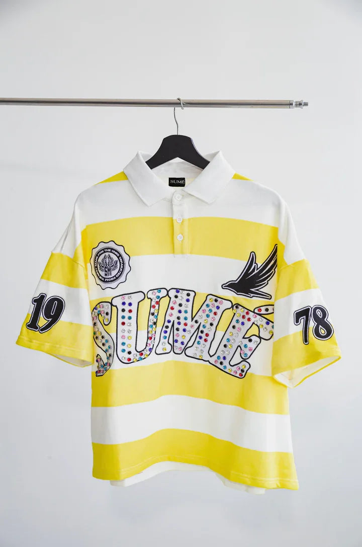 Sume Summer Women Hip Hop Klein Stone Embroidery Stripe Polo Shirt Y2k Retro Fashion Classic Lapel Neck Shirt Long Sleeved Tops