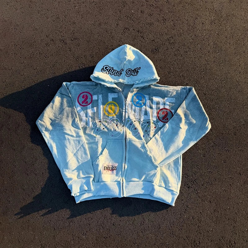 Harajuku Letter Printing Casual Fashion Oversized Zip Up Hooded Sweatshirts Trend Men Women Versatile High Quality Streetwear