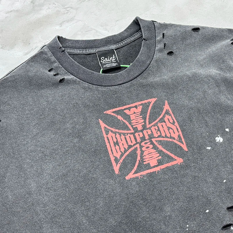 Classic Orange Cross Logo Print West Coast Choppers T Shirt Men Women Vintage Washed Black Splashed Ink T-Shirt Damaged Hole Tee