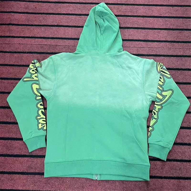 Washed Green VALLEY Sweatshirts Men Women Retro Cartoon Print Vale Hoodies Zip Up Cardigan Jackets