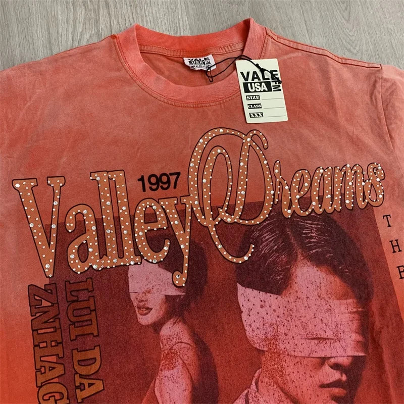 25SS Summer New VALLEY T-Shirts American Washed Pure Cotton Vale Hot Drill Letter Short Sleeve