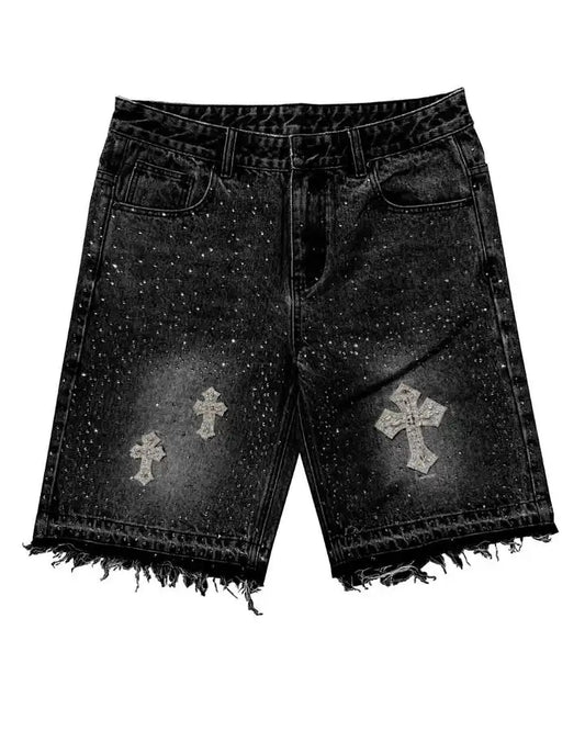 Vintage Cross Rhinestone Denim Shorts Y2K Jeans Mens Womens Harajuku Hip Hop Retro Black Baggy Gym Shorts Low Waist Shorts
