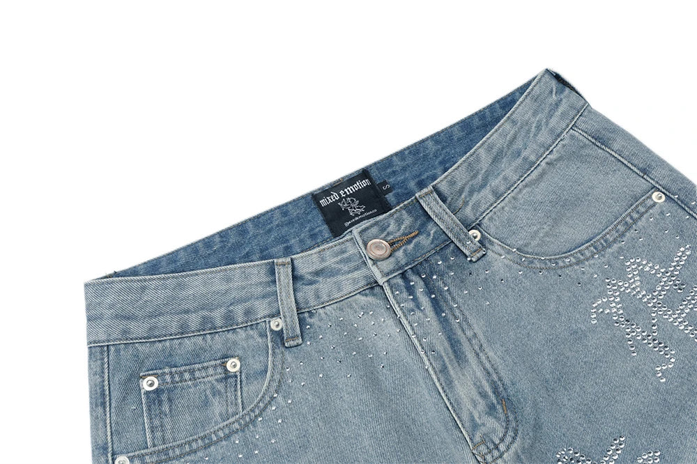 Flash Diamond Bing MIXED EMOTION Vintage Washed Denim Shorts Men Women Rhinestone Jean Breeches