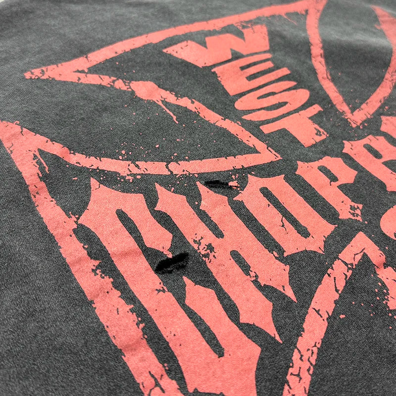 Classic Orange Cross Logo Print West Coast Choppers T Shirt Men Women Vintage Washed Black Splashed Ink T-Shirt Damaged Hole Tee