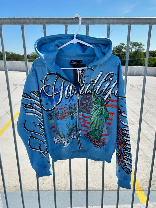 European and American streetwear oversized printed zipper hoodie for men Y2k anime hoodie jacket retro Harajuku sweatshirt women