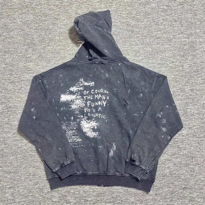 Saint Vintage Distressed Print Zip Up Hoodie Loose Fit Casual Men Sweatshirt Autumn Winter Streetwear Sportswear