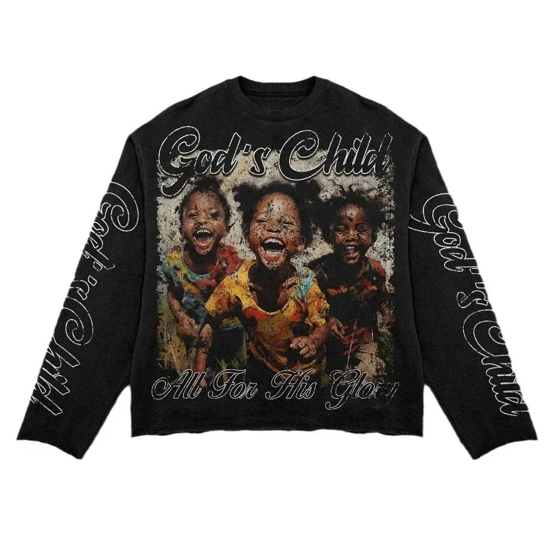 Ins Y2k Loose Pullover Round Neck Three Quarters Sleeve Couple T-shirt American Street Trend Figure Letter Printed Casual Tops