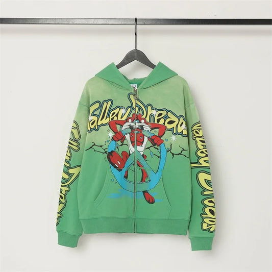 Washed Green VALLEY Sweatshirts Men Women Retro Cartoon Print Vale Hoodies Zip Up Cardigan Jackets