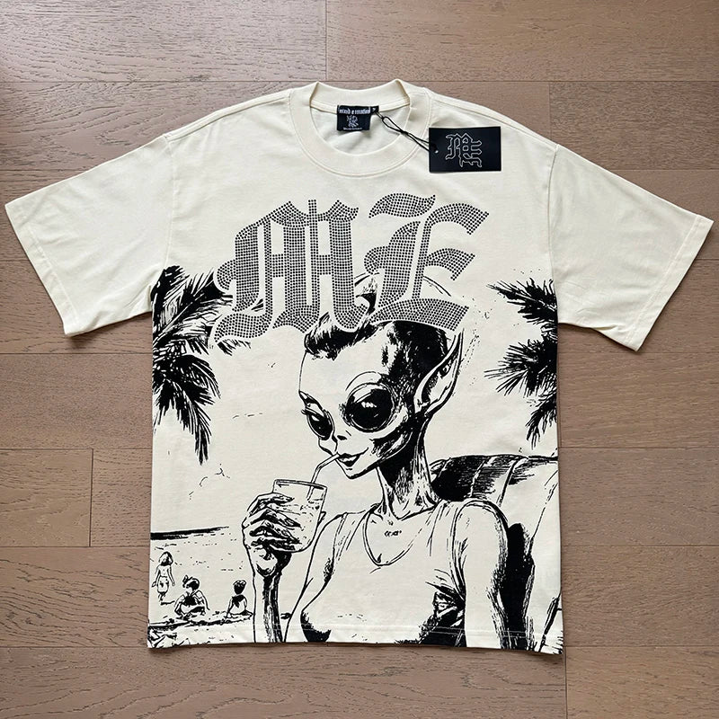Alien Print MIXED EMOTION White Pure Cotton Tshirts Men Women American High Street Oversized T Shirt