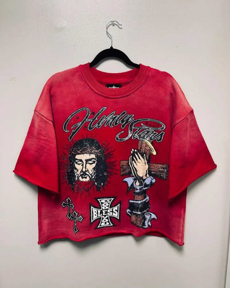 Trendy Brand Fashion Versatile Loose Half-sleeved Top Men Y2k Harajuku Hip-hop Rock Anime Cartoon Printed Short-sleeved T-shirt