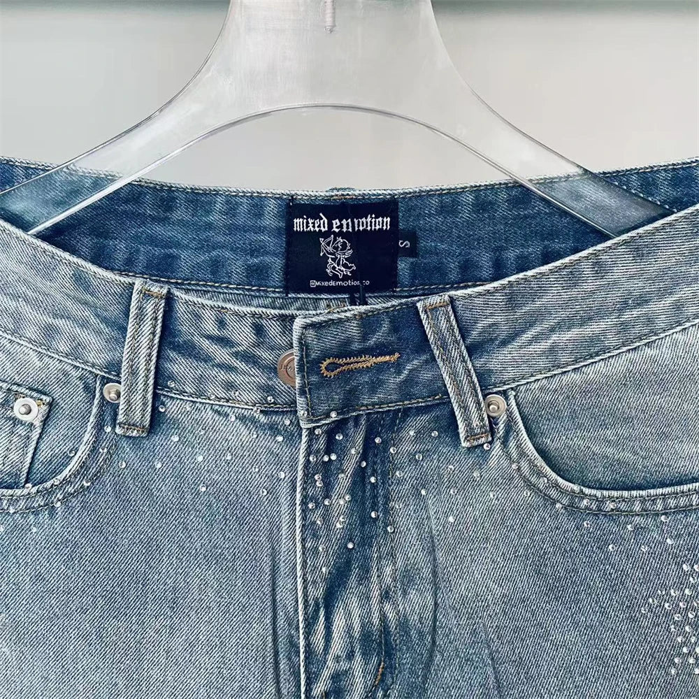 Flash Diamond Bing MIXED EMOTION Vintage Washed Denim Shorts Men Women Rhinestone Jean Breeches