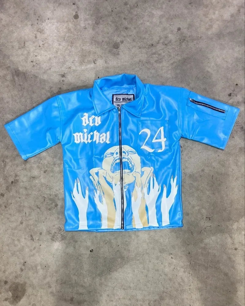 American Fashion Trend Goth Print Spot Zipper Polo Shirts Men Y2K New Street Hip Hop Retro Short Sleeved Couples Selling T-shirt