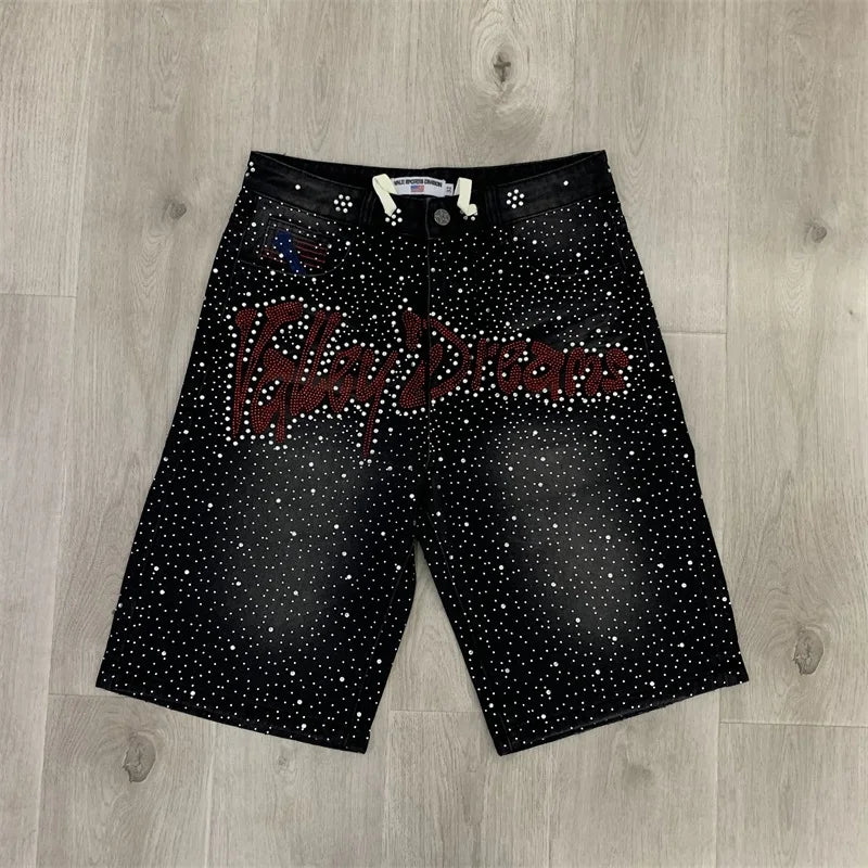 VALLEY Jean Shorts Men Women 1:1 High-quality Hot Drill Ripped Washed Black Vale Jeans