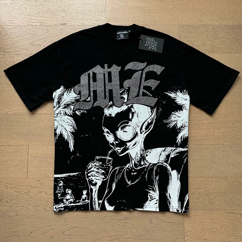 Alien Print MIXED EMOTION White Pure Cotton Tshirts Men Women American High Street Oversized T Shirt