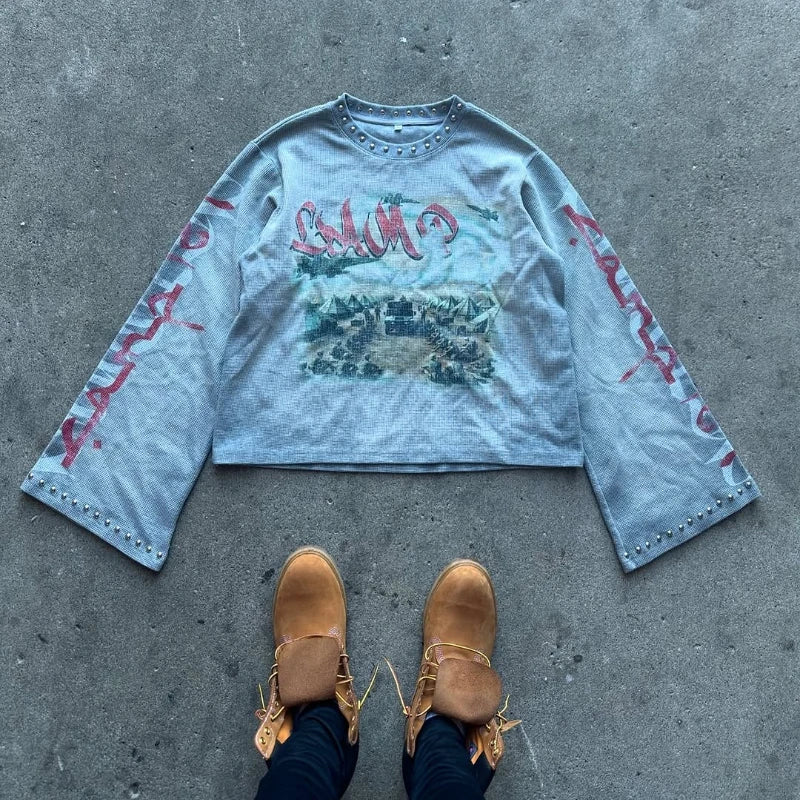 New Fashion Trend Oversized Camper Graphic Printed Rhinestone Sleeve Button T-shirt Y2k Gothic Men Women Hip Hop Streetwear Tops