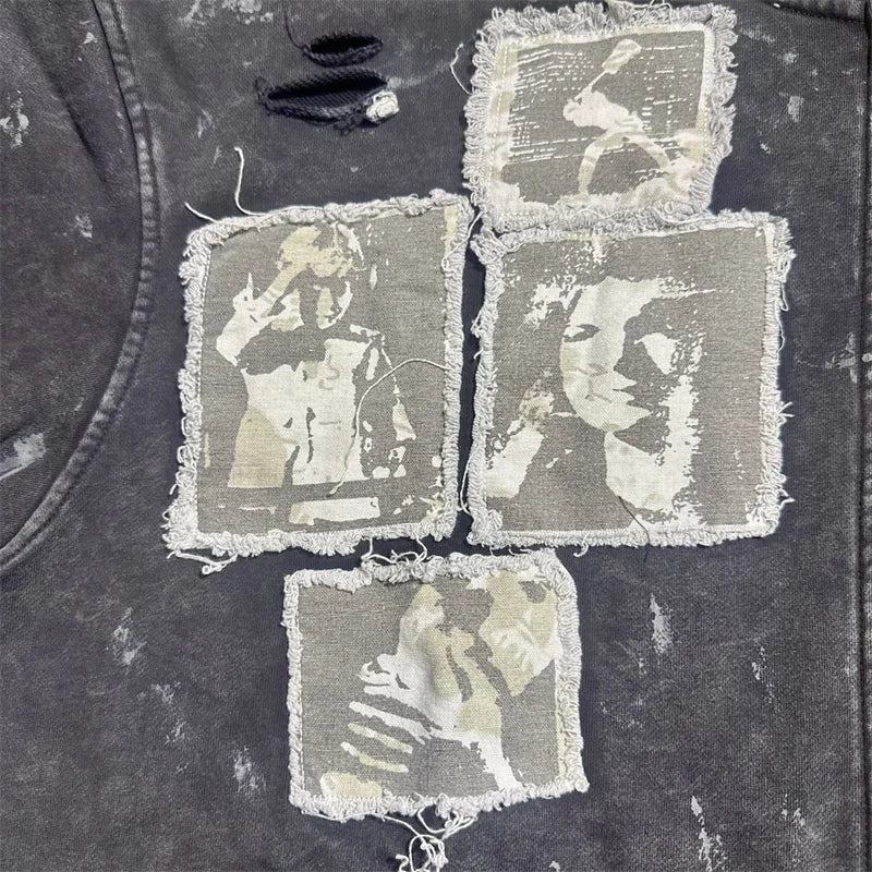 Saint Vintage Distressed Print Zip Up Hoodie Loose Fit Casual Men Sweatshirt Autumn Winter Streetwear Sportswear