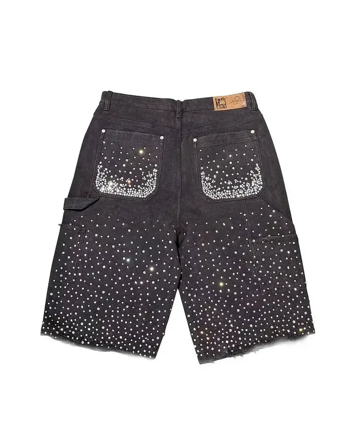 Streetwear Couple Vintage Rhinestone Sequined Denim Shorts Y2K Cowboy Hip Hop Denim Loose Sport Shorts Denim Casual Shorts