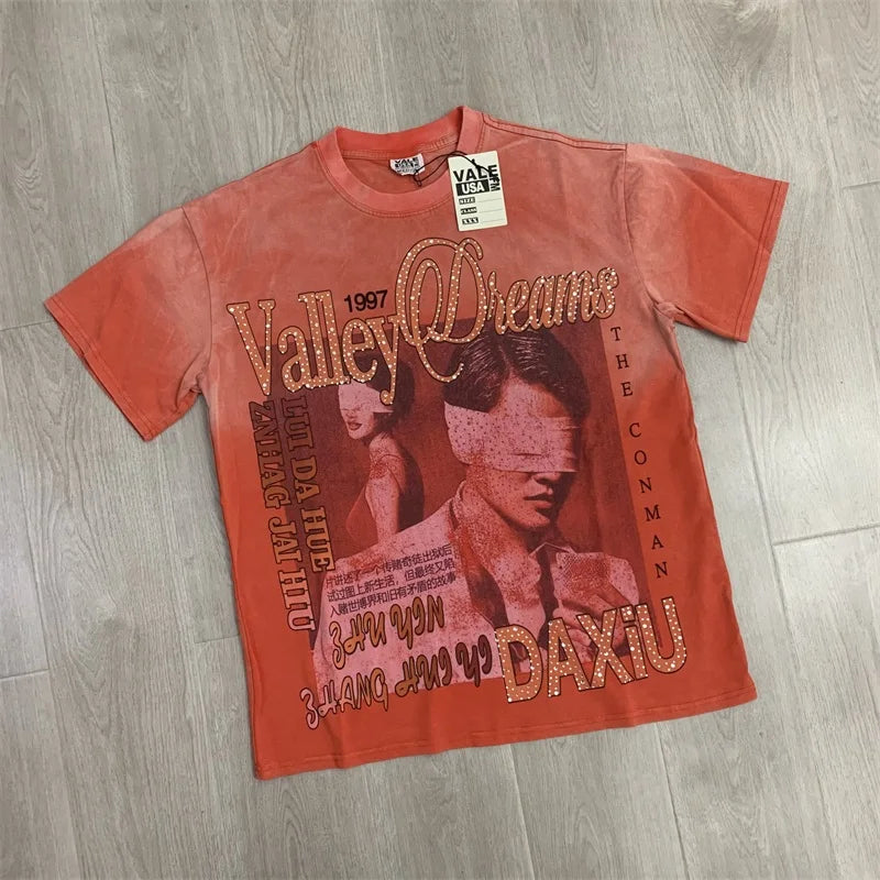 25SS Summer New VALLEY T-Shirts American Washed Pure Cotton Vale Hot Drill Letter Short Sleeve