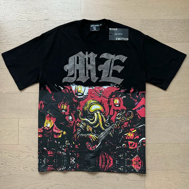 Alien Print MIXED EMOTION White Pure Cotton Tshirts Men Women American High Street Oversized T Shirt