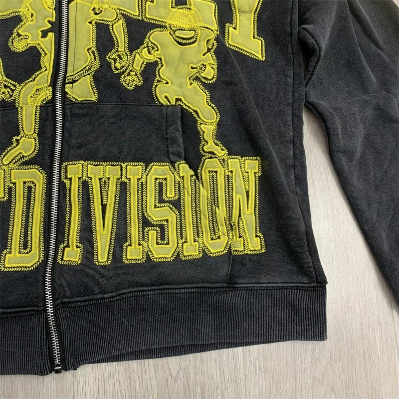 Oversized VALLEY Embroidered Logo Jackets Men Women Pure Cotton Vale Black Washed Hooded Sweatshirts