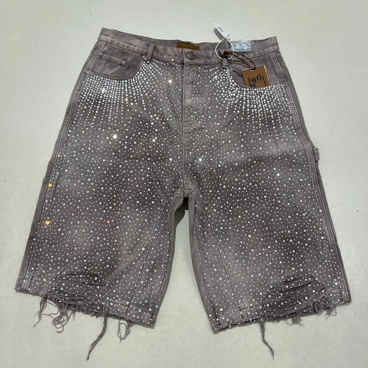 Streetwear Couple Vintage Rhinestone Sequined Denim Shorts Y2K Cowboy Hip Hop Denim Loose Sport Shorts Denim Casual Shorts