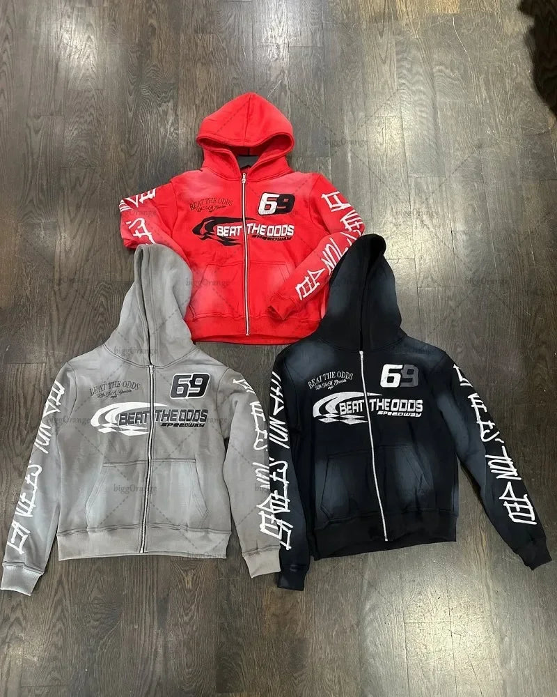 Harajuku Colorful Zipper Hoodie Punk Retro Letter Print Casual Oversized Sweatshirt Couple Hip-hop Trendy Streetwear Jacket Men