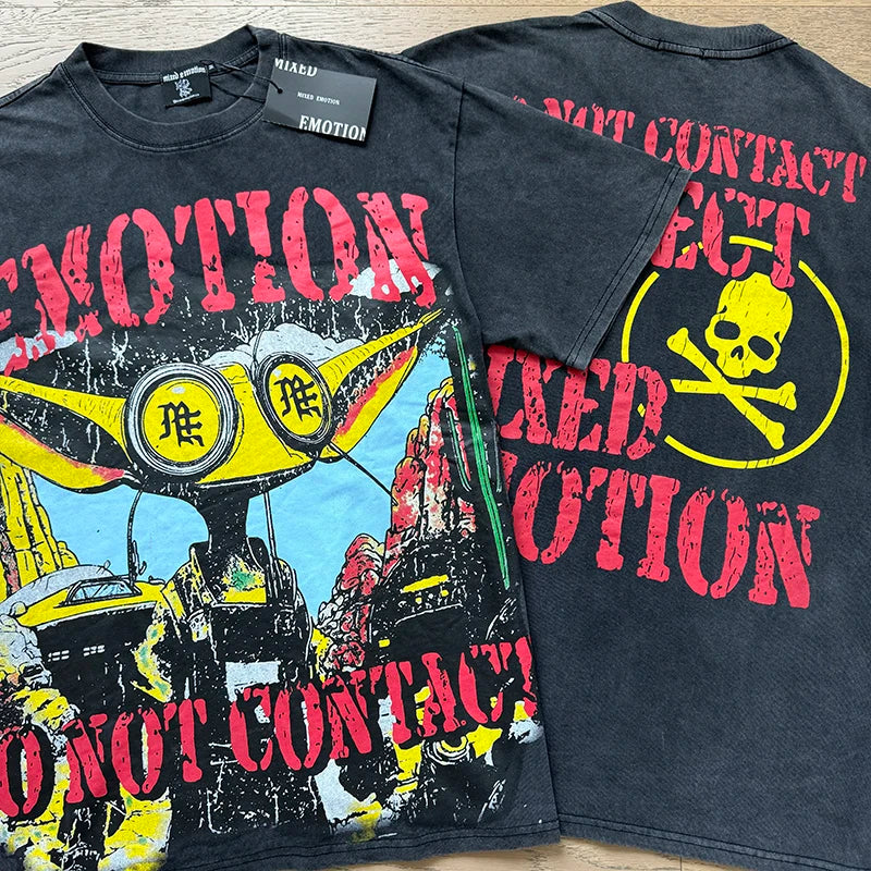 Alien Print MIXED EMOTION White Pure Cotton Tshirts Men Women American High Street Oversized T Shirt