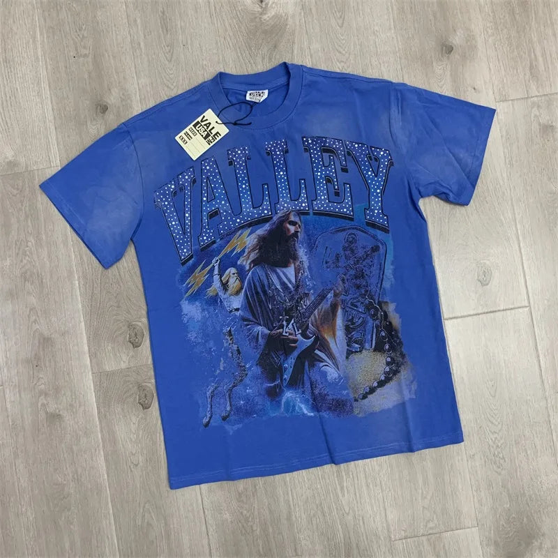 Vintage VALLEY Hot Drill Letter Short Sleeve Pure Cotton Vale Mens T-Shirts